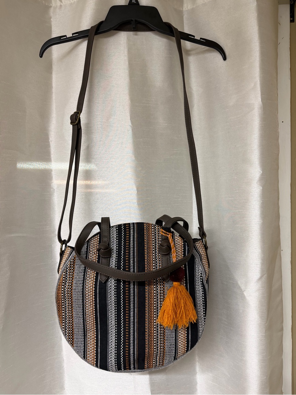 Amazon Striped Boho Crossbody Bag with Orange Tassel - Brown/Black/Gray